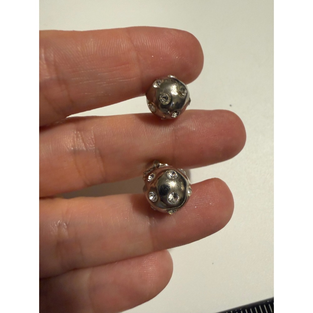 Silver Tone Rhinestone Disco Ball Stud Earrings Clear Crystal Orb Posts